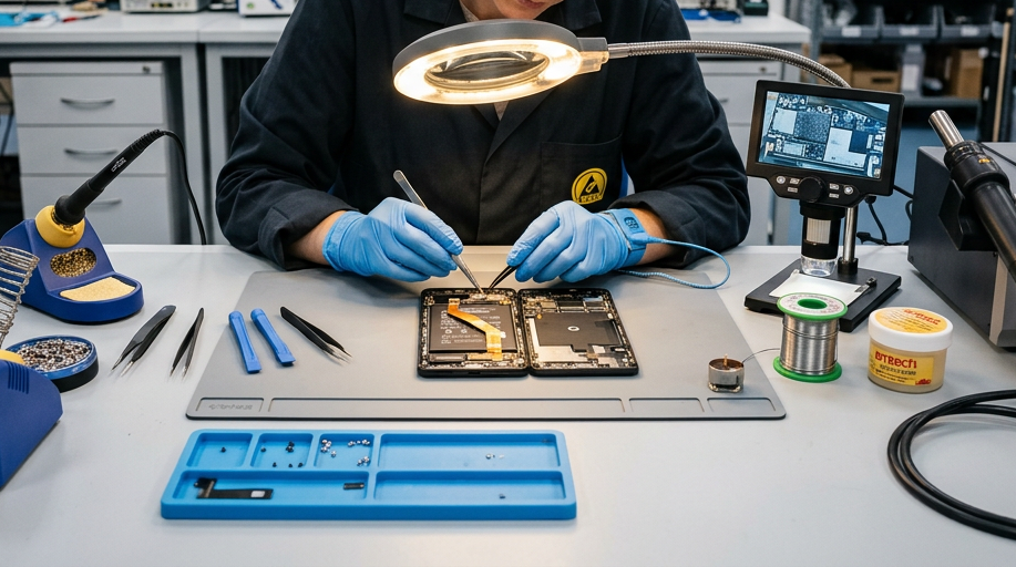 Technician soldering electronic components on a device under a microscope in a lab