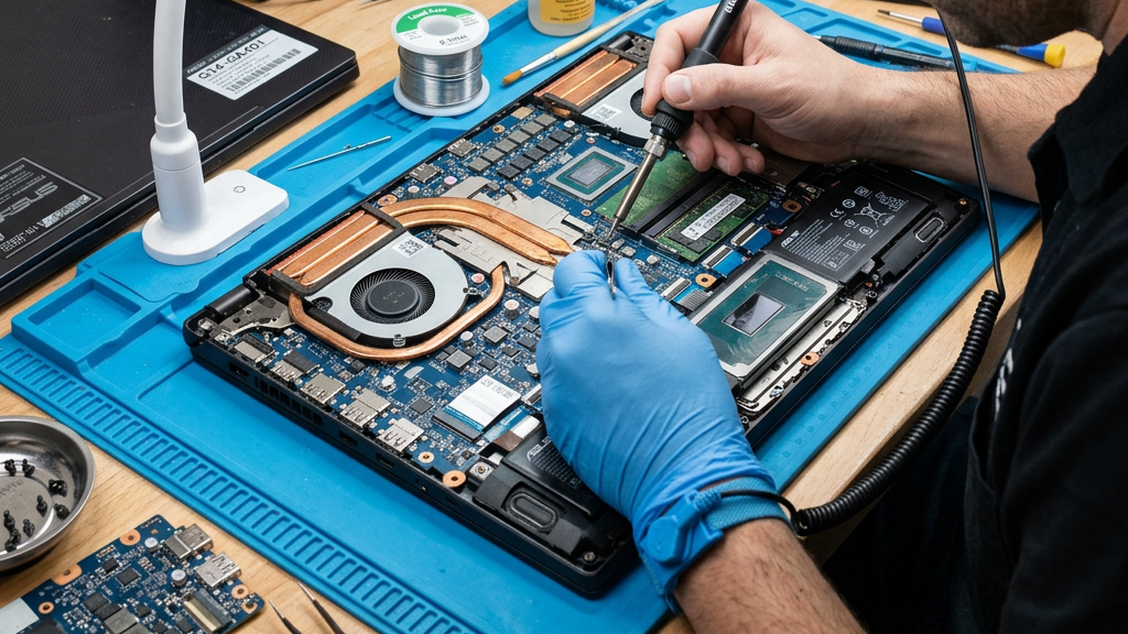 Technician soldering components on a laptop motherboard with repair tools